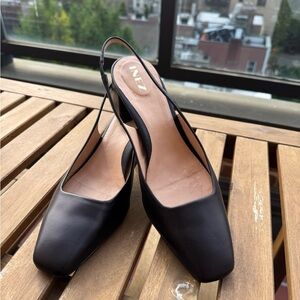 INEZ Black Square-Toe Slingback Heels